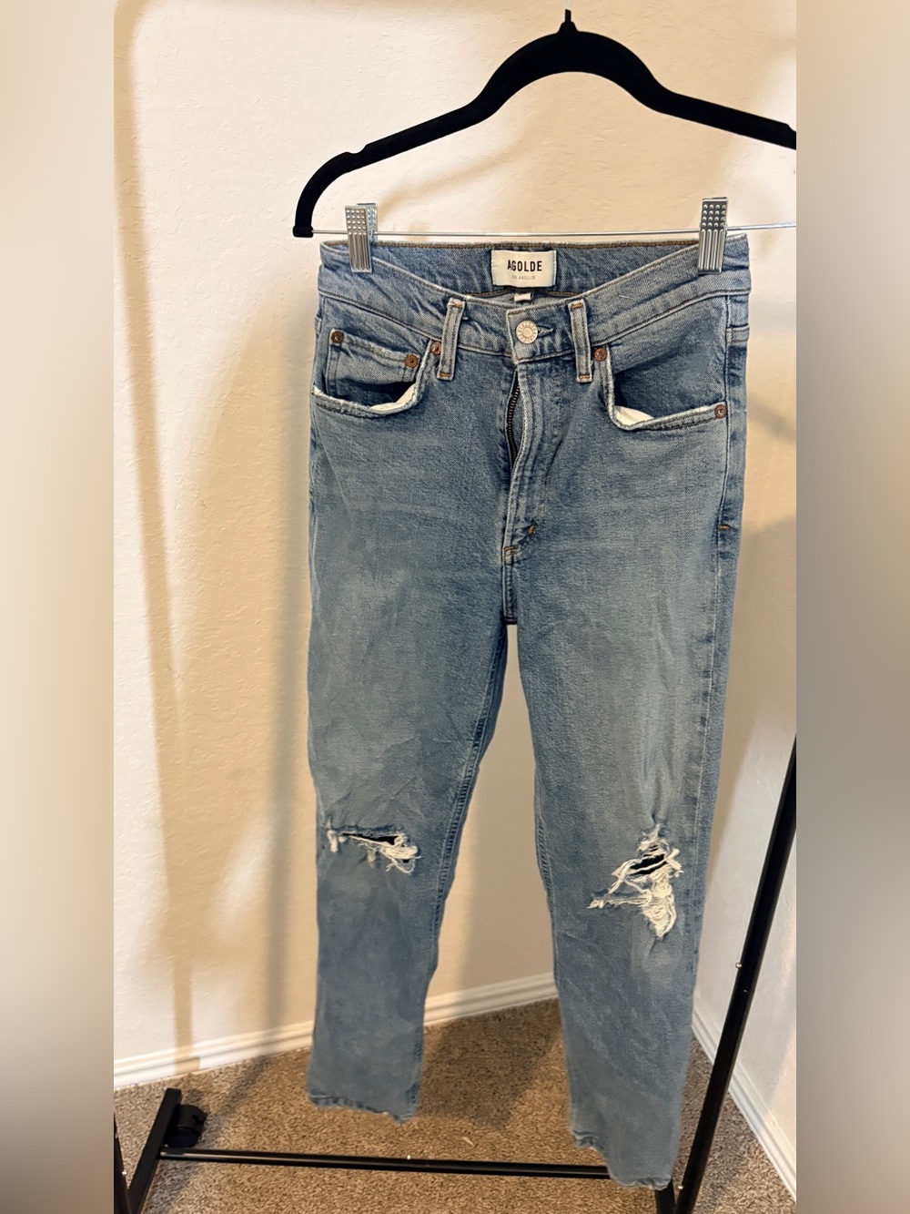 Agolde Light Blue Skinny Distressed High-Rise Jeans